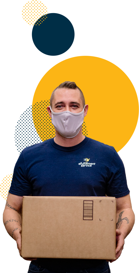 Masked Male Employee with Box and Dots | Efulfillment Service Male Masked Employee with Box and Dots